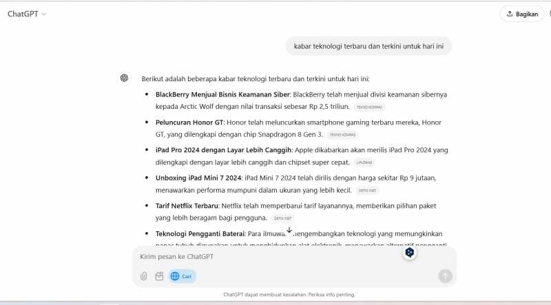 Foto: Hasil pencarian ChatGPT Search