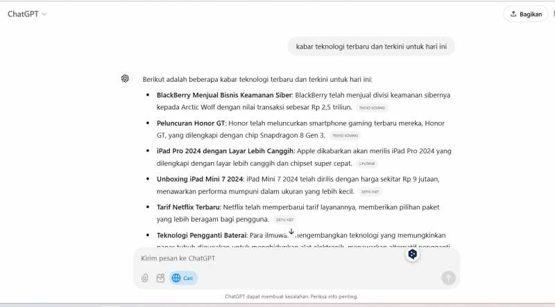 Foto: Hasil pencarian ChatGPT Search