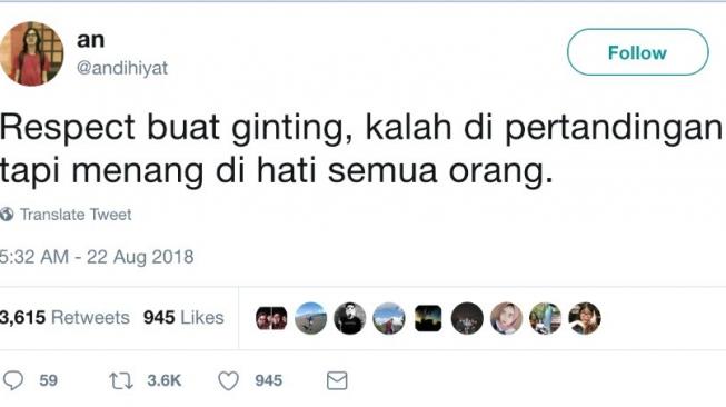 Lebih dari 300.000 Kicauan Bahas Ginting Lebih dari 300.000 Kicauan Bahas Ginting